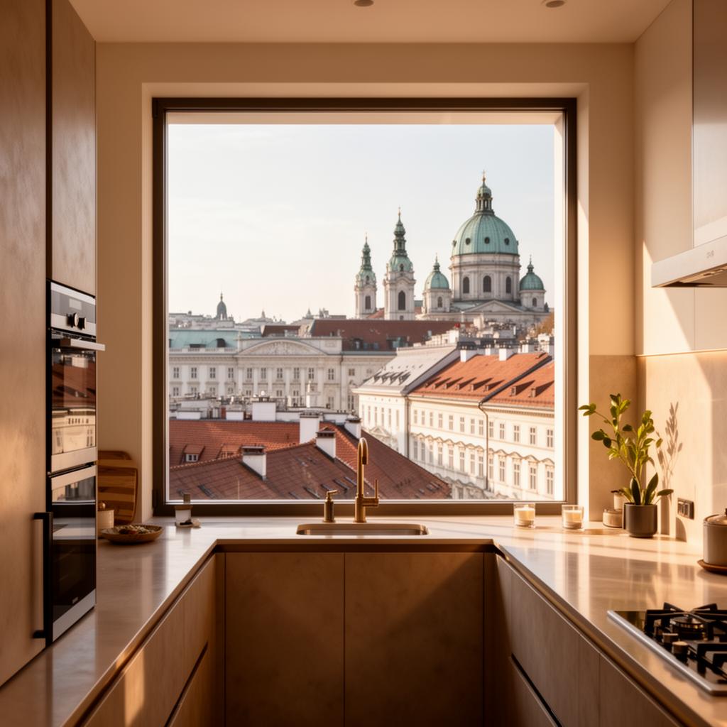 Moderne Küche einer Wiener Airbnb-Wohnung mit Blick über die Dächer von Wien