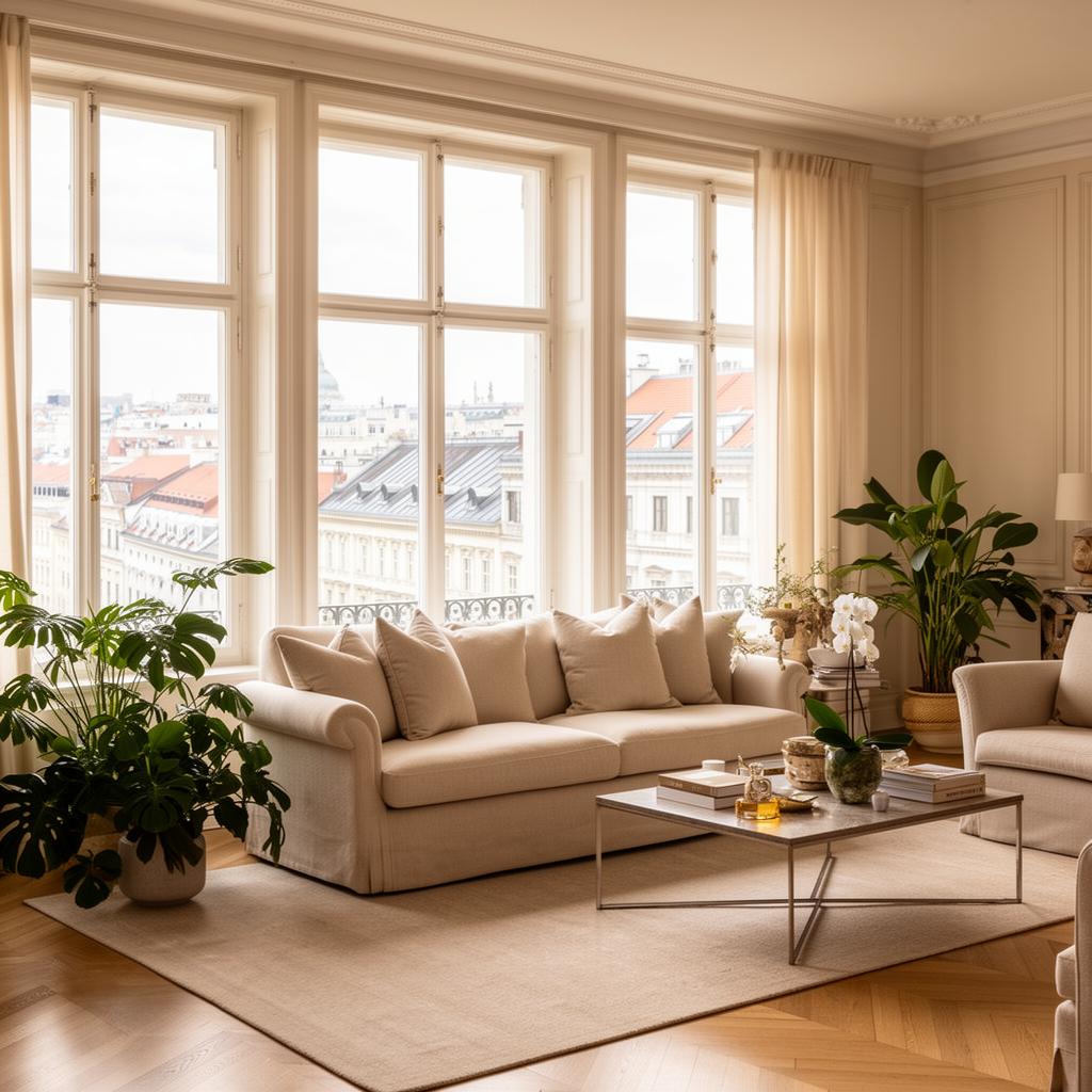 Helles Wohnzimmer mit Blick über die Wiener Dächer